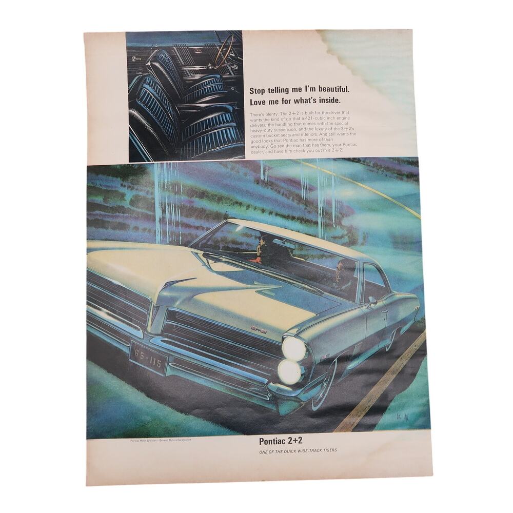 Pontiac 2+2 Magazine Advertisement Color 1960s Automobilia Vintage Original